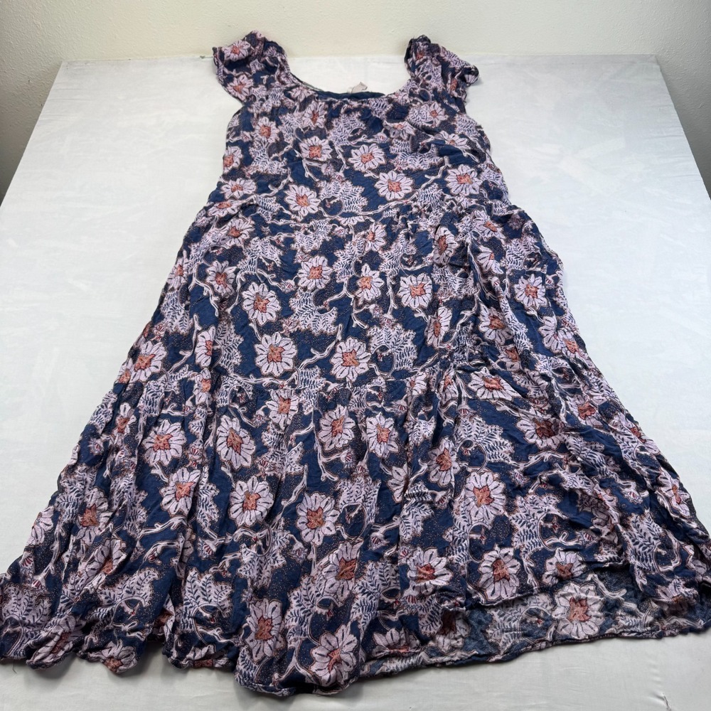 Knox Rose Tiered Dress Womens XL Blue Rayon Floral Cap Sleeve Scoop Neck Boho
